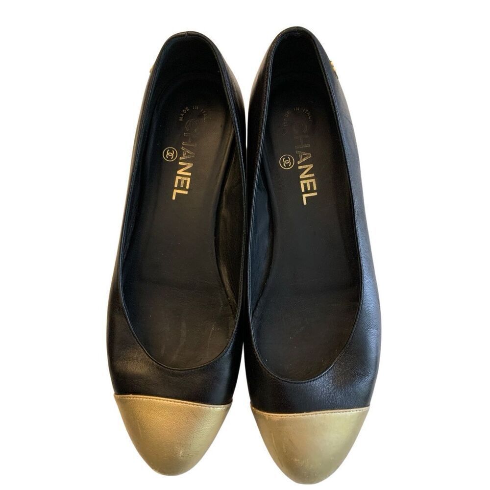 Chanel Cambon leather ballet flats gold cap toe women's size 38.5 US 8 - Picture 2 of 7